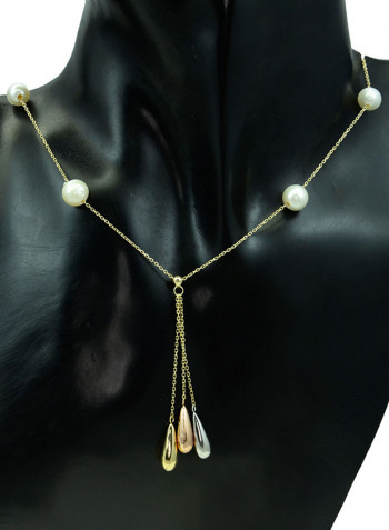 18 Karat Solid 3 Tone Gold Gradual Built In Pearl With Drop Pendant Necklace