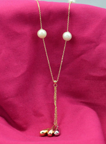 18 Karat Solid 3 Tone Gold Gradual Built In Pearl With Drop Pendant Necklace