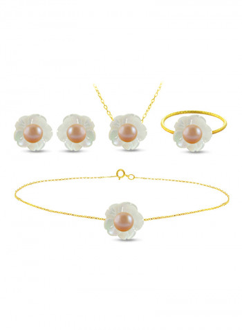 18 Karat Solid Yellow Gold Mother Of Pearl Shell With 4 mm Pearl Jewellery Set