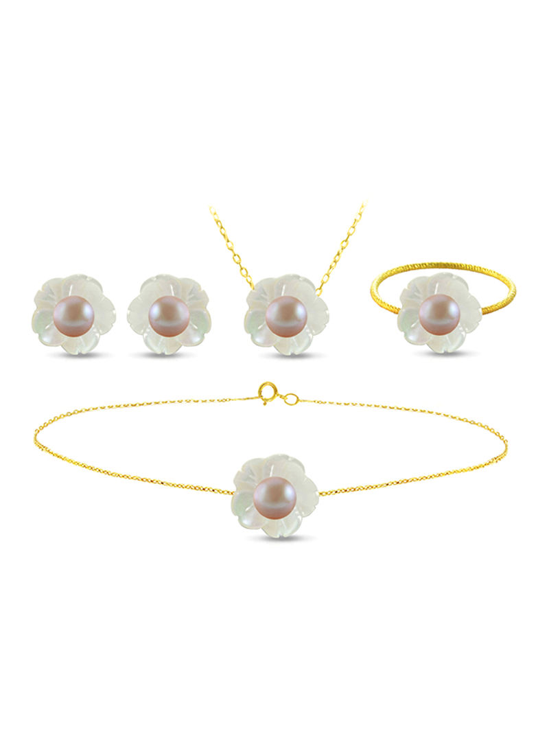 18 Karat Solid Yellow Gold Mother Of Pearl Shell With 4 mm Pearl Jewellery Set