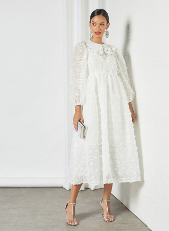 Flower Applique Midi Dress White