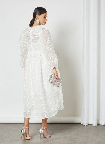 Flower Applique Midi Dress White