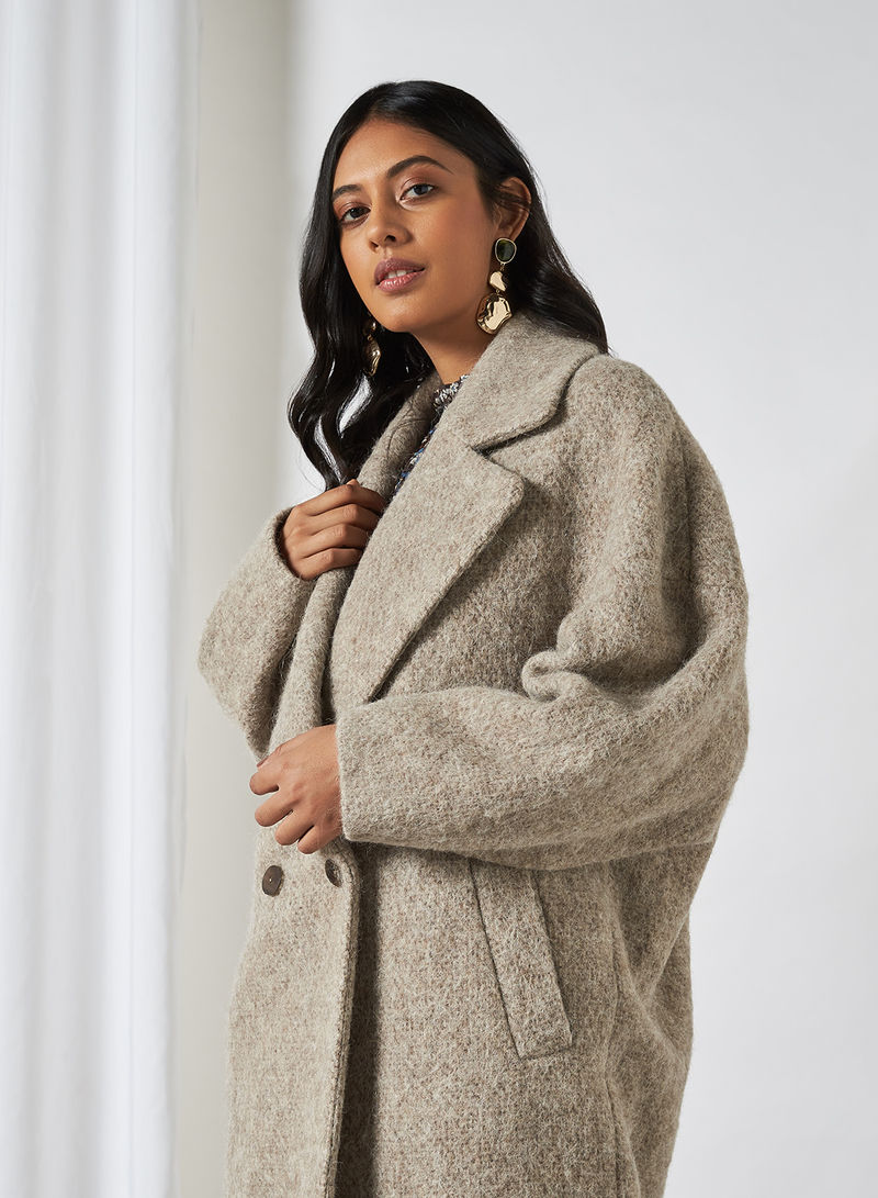 Textured Wool-Blend Coat Ecru