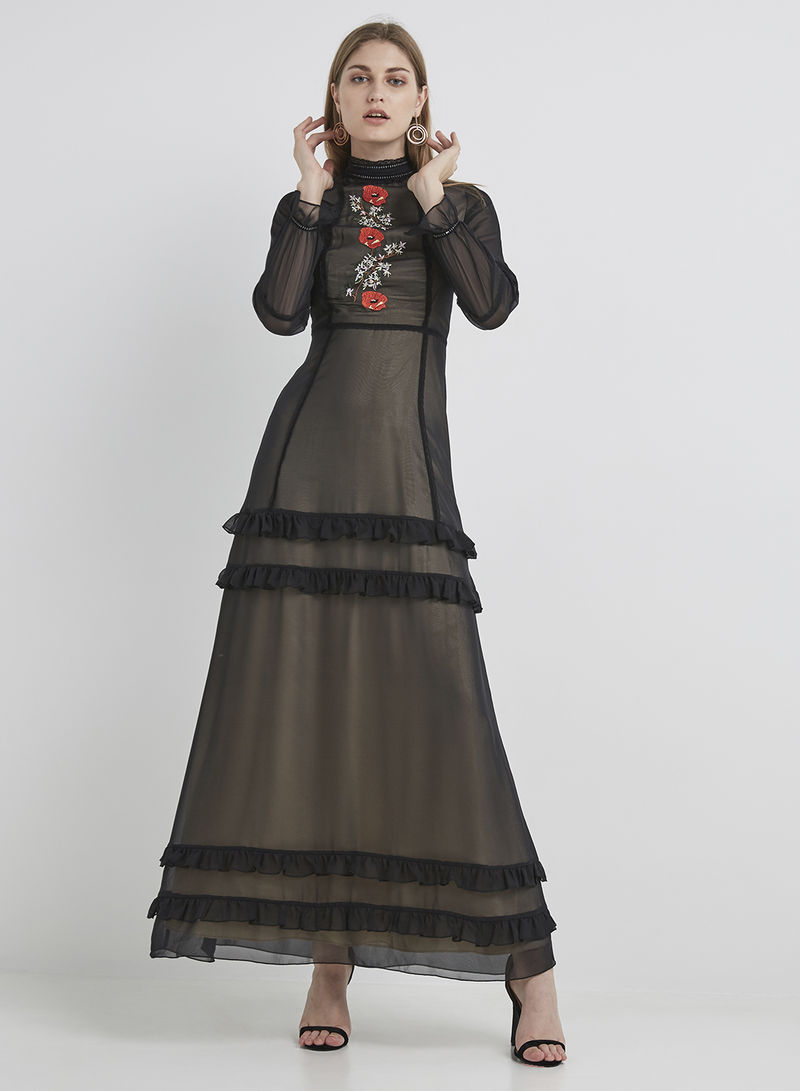 Classy Floral Jacquard Long Sleeve Maxi Dress Black