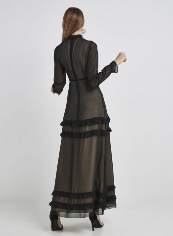 Classy Floral Jacquard Long Sleeve Maxi Dress Black