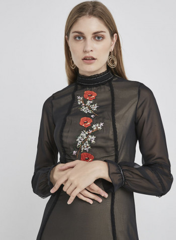 Classy Floral Jacquard Long Sleeve Maxi Dress Black