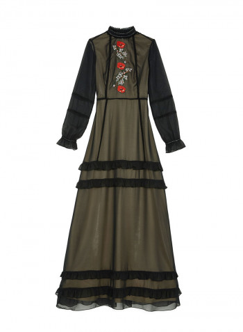 Classy Floral Jacquard Long Sleeve Maxi Dress Black