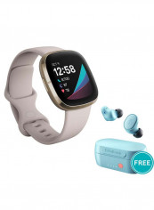 Sense, Advanced Smartwatch With Tools For Heart Health, Stress Management And Skin Temperature Trends Lunar White/Soft Gold + Free Sesh Evo True Wireless In-Ear Earbuds and Charging Case True Bleached Blue