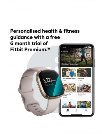 Sense, Advanced Smartwatch With Tools For Heart Health, Stress Management And Skin Temperature Trends Lunar White/Soft Gold + Free Sesh Evo True Wireless In-Ear Earbuds and Charging Case True Bleached Blue