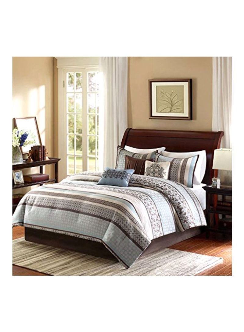 7-Piece Jacquard Patterned Striped Comforter Set Polyester Blue/White/Brown King