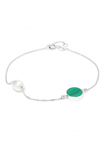 18 Karat White Gold Malachite And Pearl Two Stone Bracelet