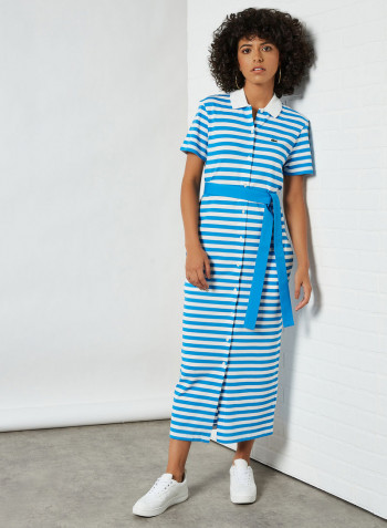 Striped Cotton Piqué Buttoned Dress Blue/White