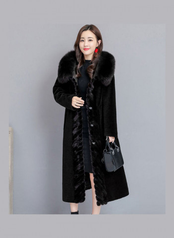 Artificial Hair Plush Lady Jacket Overcoat Black