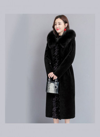 Artificial Hair Plush Lady Jacket Overcoat Black