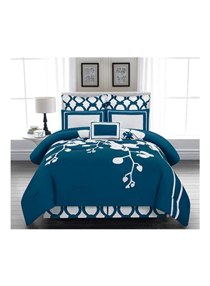 6-Piece Floral Printed Comforter Set Polyester Blue/White Queen