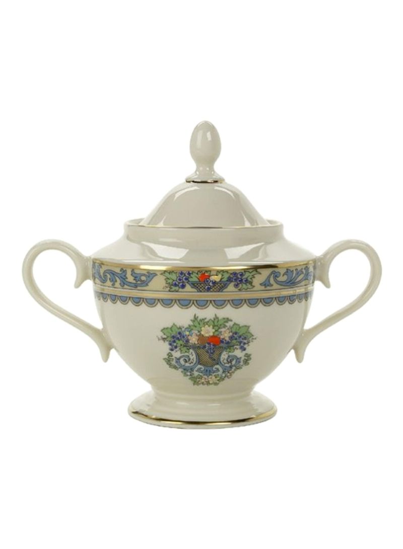 China Sugar Bowl With Lid White/Blue/Red 6x4.25x3.25inch