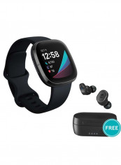 Sense, Advanced Smartwatch With Tools For Heart Health, Stress Management And Skin Temperature Trends Carbon/Graphite Stainless Steel + Free Sesh Evo True Wireless In-Ear Earbuds and Charging Case True Black