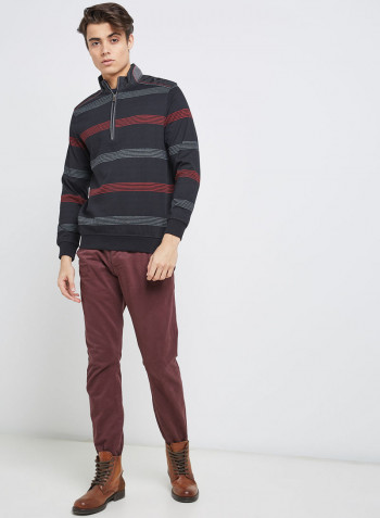 Striped Half Zip Pullover Black/Red/Grey