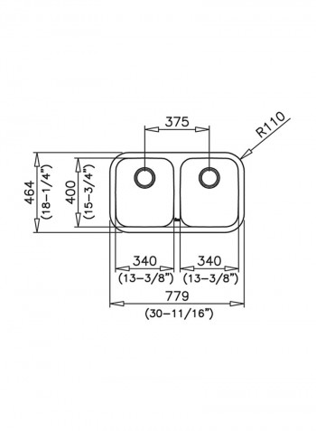 Be 2B 780 Undermount Stainless Steel Two Bowls Sink Silver 780x464x180mmmm