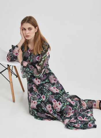 Floral Bell Sleeve Maxi Dress Pink/Black/Green