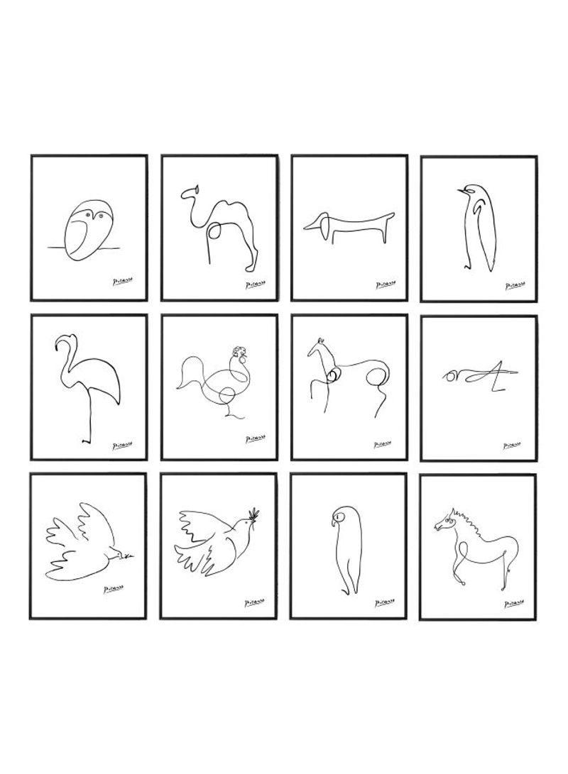 12-Piece Picasso Animal Line Drawing Themed Framed Poster Set White/Black 30x40cm