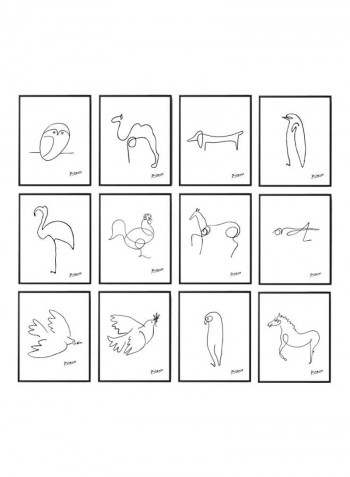 12-Piece Picasso Animal Line Drawing Themed Framed Poster Set White/Black 30x40cm