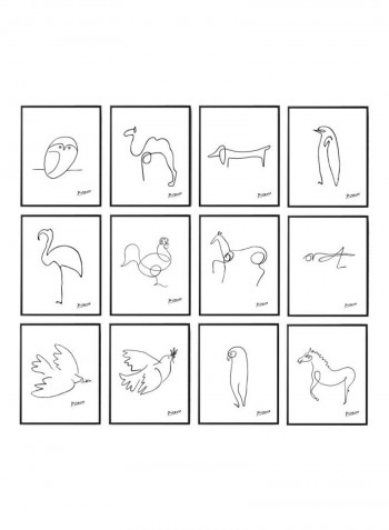 12-Piece Picasso Animal Line Drawing Themed Framed Poster Set White/Black 30x40cm