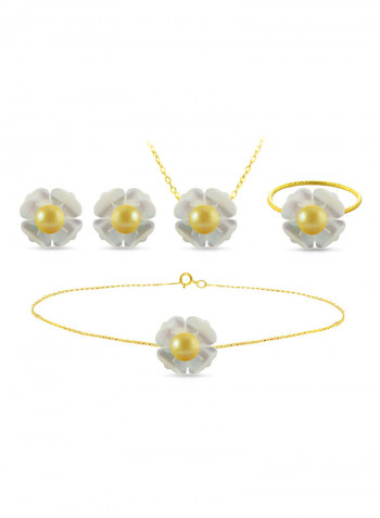 18 Karat Solid Yellow Gold 13 mm Mother Of Pearl Flower Shape With 4 mm Pearl Jewellery Set