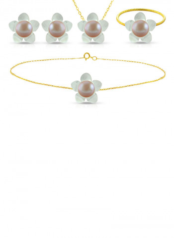 18 Karat Solid Yellow Gold 13 mm Mother Of Pearl Flower Shape With 7 mm Pearl Jewellery Set