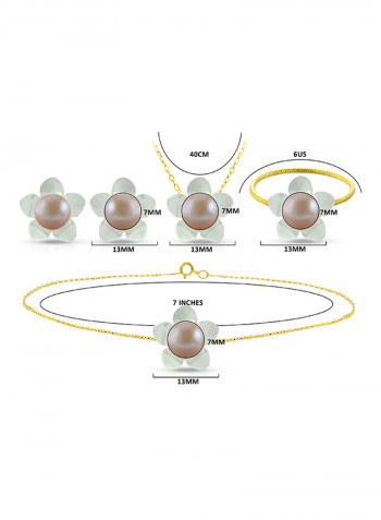 18 Karat Solid Yellow Gold 13 mm Mother Of Pearl Flower Shape With 7 mm Pearl Jewellery Set