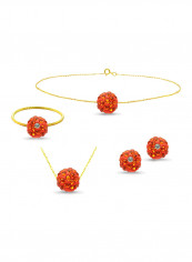 18 Karat Solid Yellow Gold Simple 10 mm Crystal Ball Earrings With Pendant Necklace, Bracelet And Ring