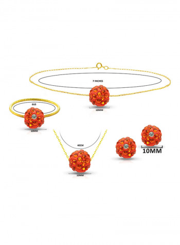 18 Karat Solid Yellow Gold Simple 10 mm Crystal Ball Earrings With Pendant Necklace, Bracelet And Ring
