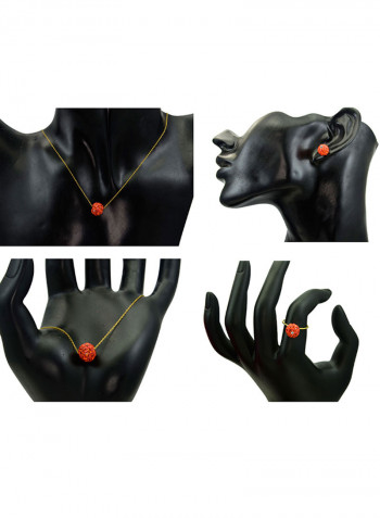 18 Karat Solid Yellow Gold Simple 10 mm Crystal Ball Earrings With Pendant Necklace, Bracelet And Ring