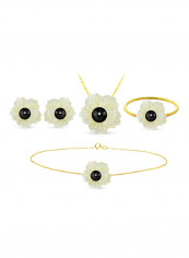 4-Piece18 Karat Solid Yellow Gold 19 mm Flower Shape Mother Of Pearl With 6-7 mm Pearl Jewellery