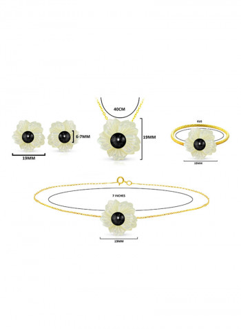 4-Piece18 Karat Solid Yellow Gold 19 mm Flower Shape Mother Of Pearl With 6-7 mm Pearl Jewellery
