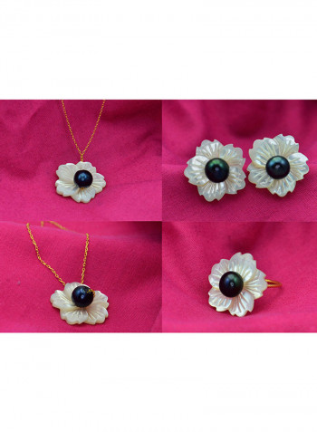 4-Piece18 Karat Solid Yellow Gold 19 mm Flower Shape Mother Of Pearl With 6-7 mm Pearl Jewellery