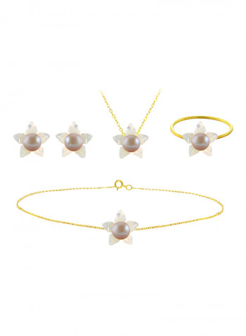 18 Karat Solid Yellow Gold 10 mm Mother Of Pearl Flower Shape With 4 mm Pearl Jewellery Set