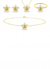 18 Karat Solid Yellow Gold 10 mm Mother Of Pearl Flower Shape With 4 mm Pearl Jewellery Set