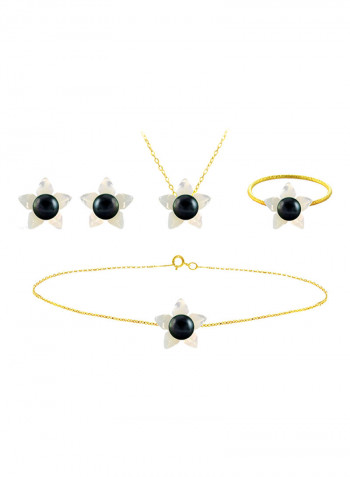 18 Karat Solid Yellow Gold 10 mm Mother Of Pearl Flower Shape With 4 mm Pearl Jewellery Set