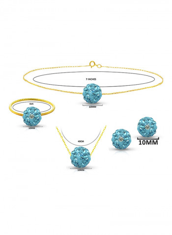 18 Karat Solid Yellow Gold Simple 10 mm Crystal Ball Earrings With Pendant Necklace, Bracelet And Ring