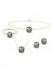 18 Karat Solid Yellow Gold Simple 10 mm Crystal Ball Earrings With Pendant Necklace, Bracelet And Ring