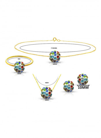 18 Karat Solid Yellow Gold Simple 10 mm Crystal Ball Earrings With Pendant Necklace, Bracelet And Ring