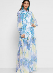 Alona Collared Neck Floral Printed Ruffle Dress Blue/White/Yellow