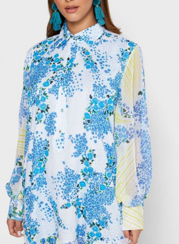 Alona Collared Neck Floral Printed Ruffle Dress Blue/White/Yellow