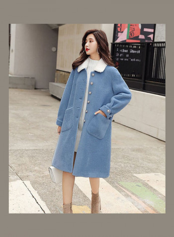 Solid Button Detailed Overcoat Blue