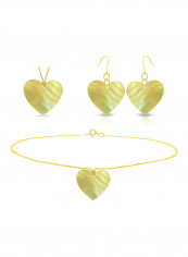 18K Gold Yellow Heart Shape Mother Of Pearl Pendant Necklace, Earrings And Bracelet Set