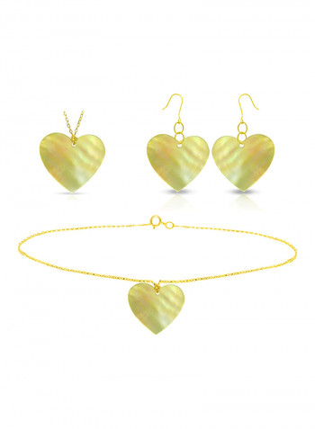 18K Gold Yellow Heart Shape Mother Of Pearl Pendant Necklace, Earrings And Bracelet Set