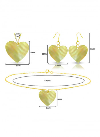 18K Gold Yellow Heart Shape Mother Of Pearl Pendant Necklace, Earrings And Bracelet Set