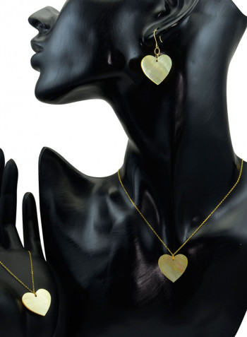 18K Gold Yellow Heart Shape Mother Of Pearl Pendant Necklace, Earrings And Bracelet Set