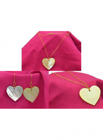 18K Gold Yellow Heart Shape Mother Of Pearl Pendant Necklace, Earrings And Bracelet Set